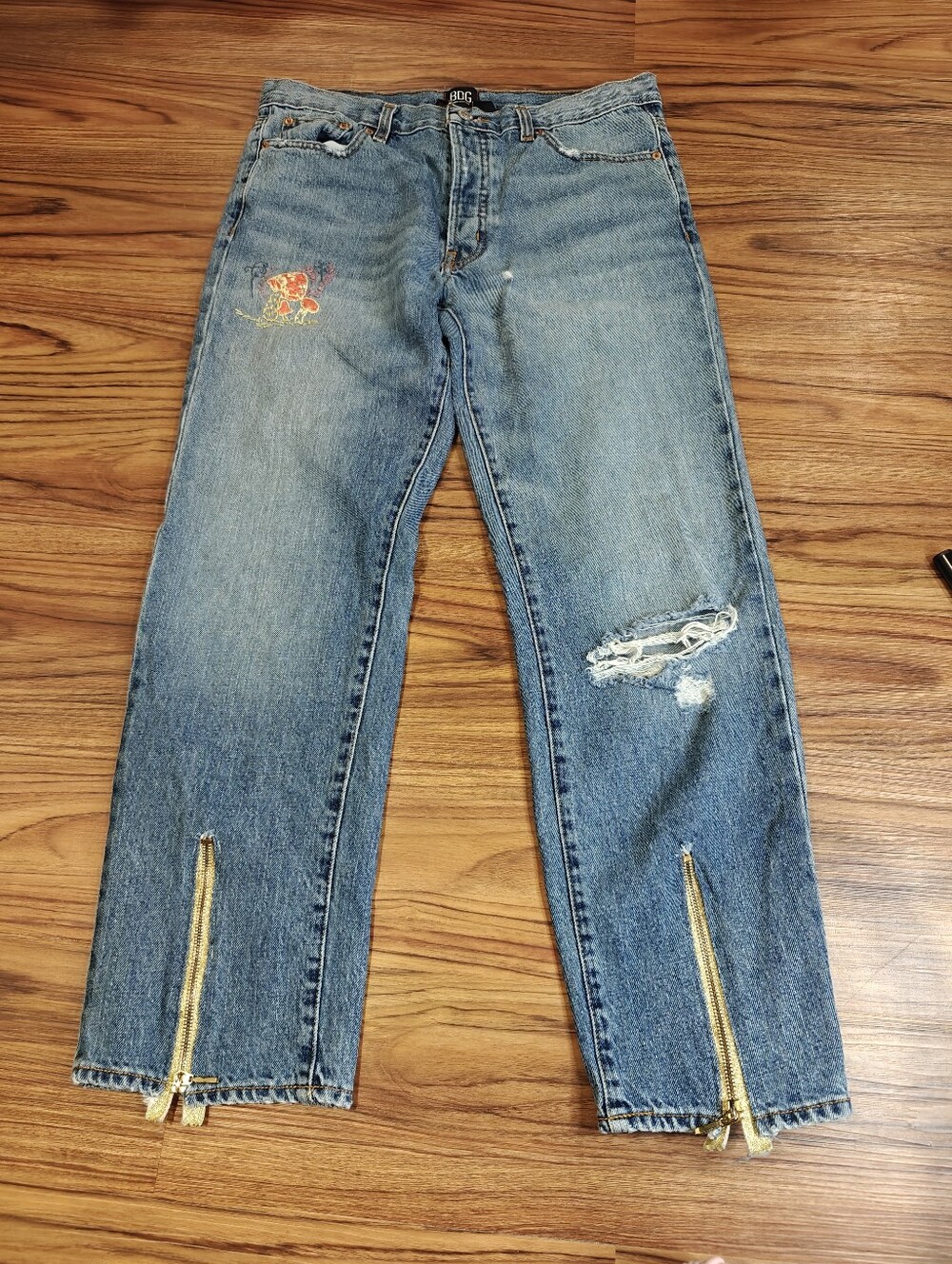 BDG Light Blue Straight Jeans with Gold Ankle Zips and Embroidered Detail